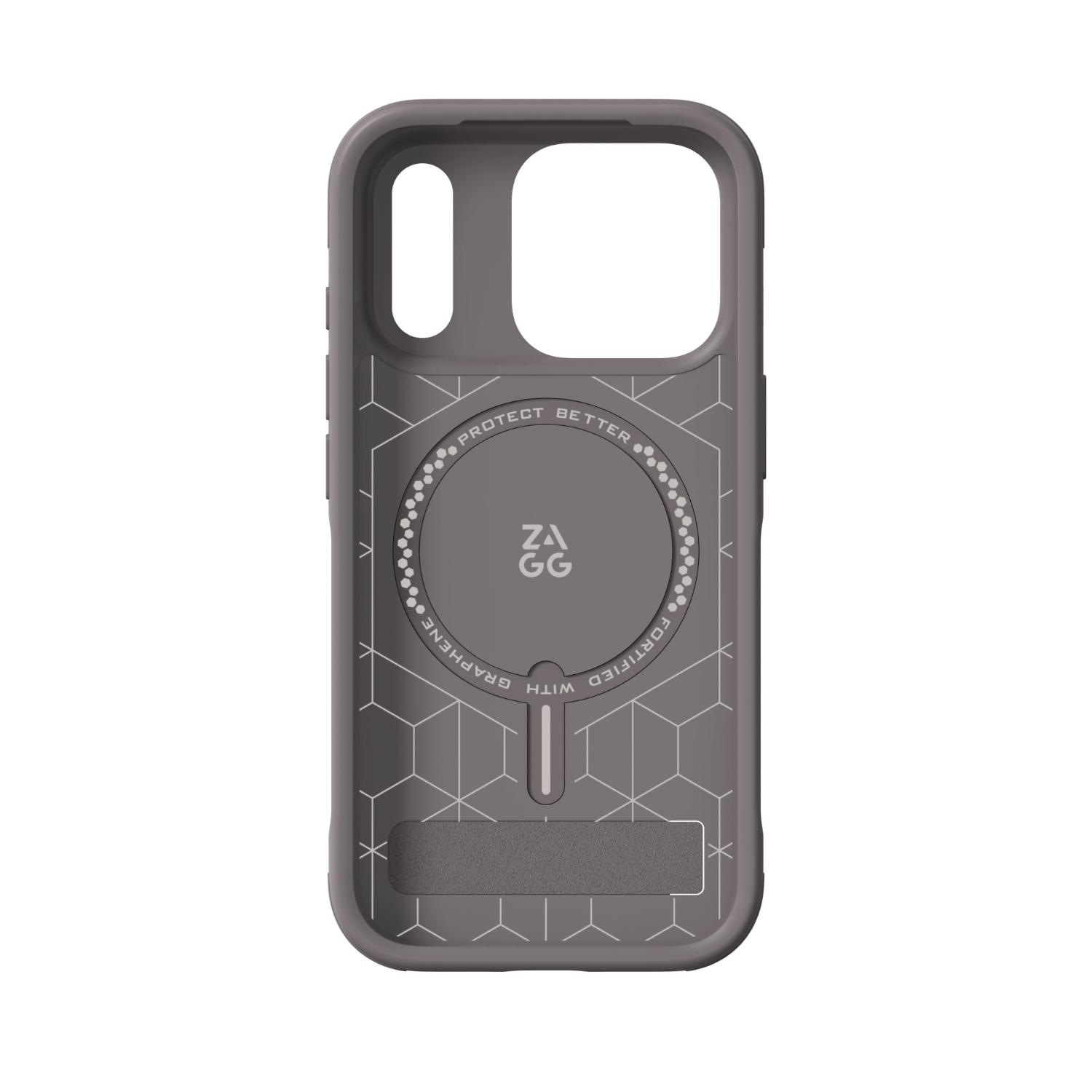 Interior of the grey ZAGG Sedona Snap case showing the circular magnetic ring area and graphene-patterned lining.