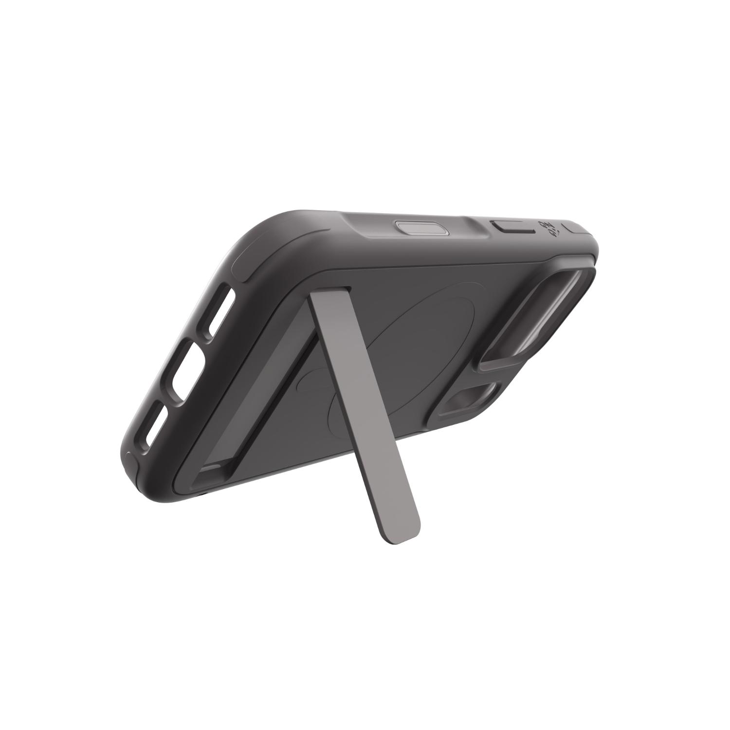 Grey ZAGG Sedona Snap case resting in landscape orientation with the integrated kickstand extended.