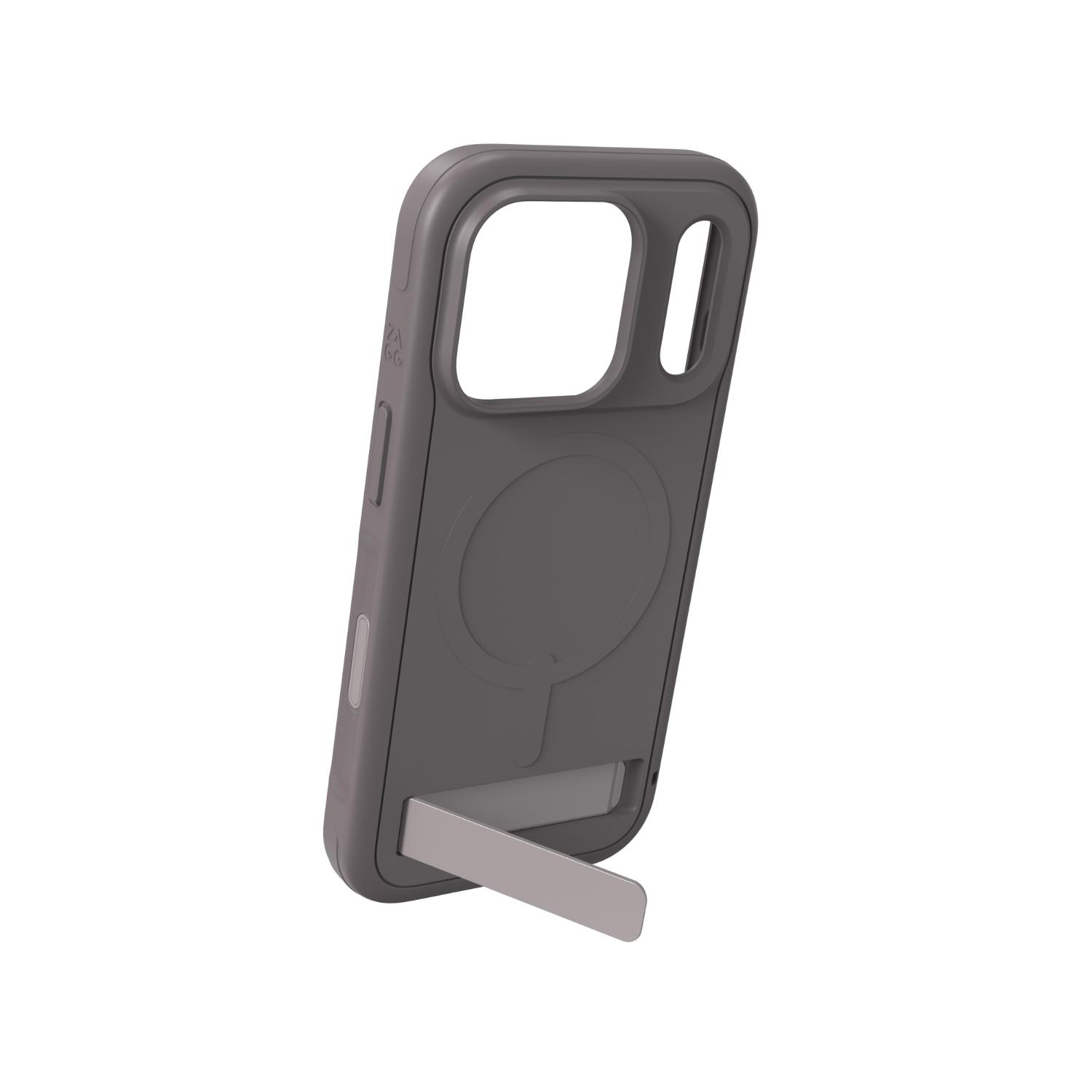 Grey ZAGG Sedona Snap case standing in portrait orientation with the integrated kickstand extended.
