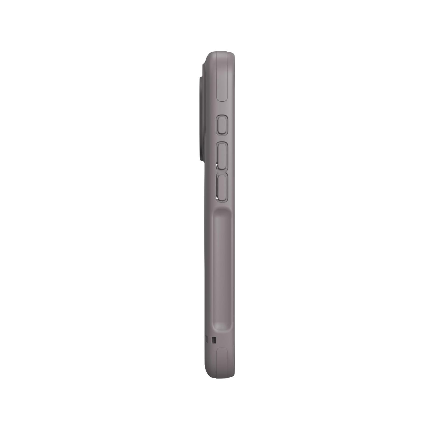 Side profile of the grey ZAGG Sedona Snap case showing the raised button covers along the edge.