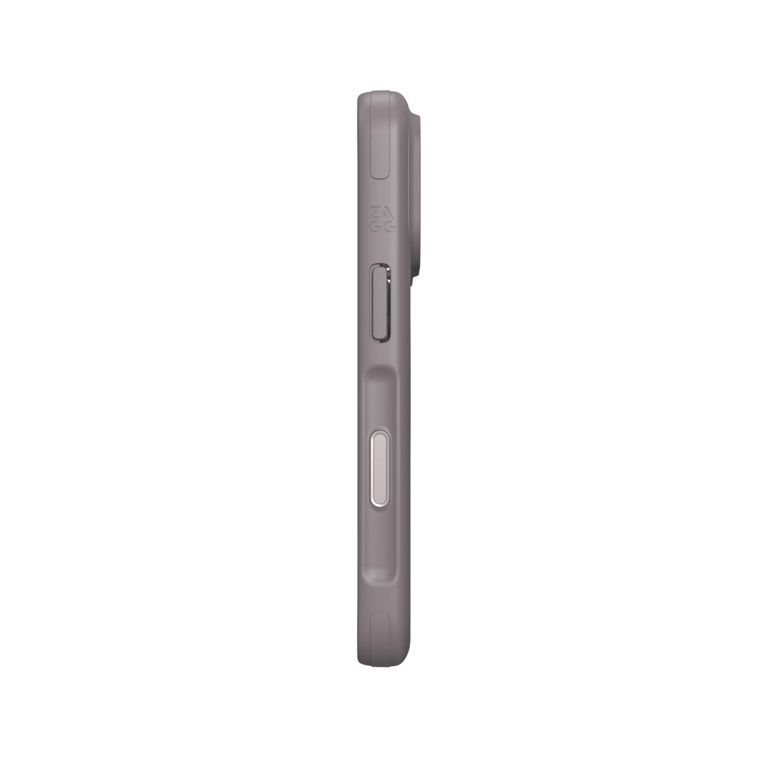 Side profile of the grey ZAGG Sedona Snap case showing the integrated camera control button and side edge.