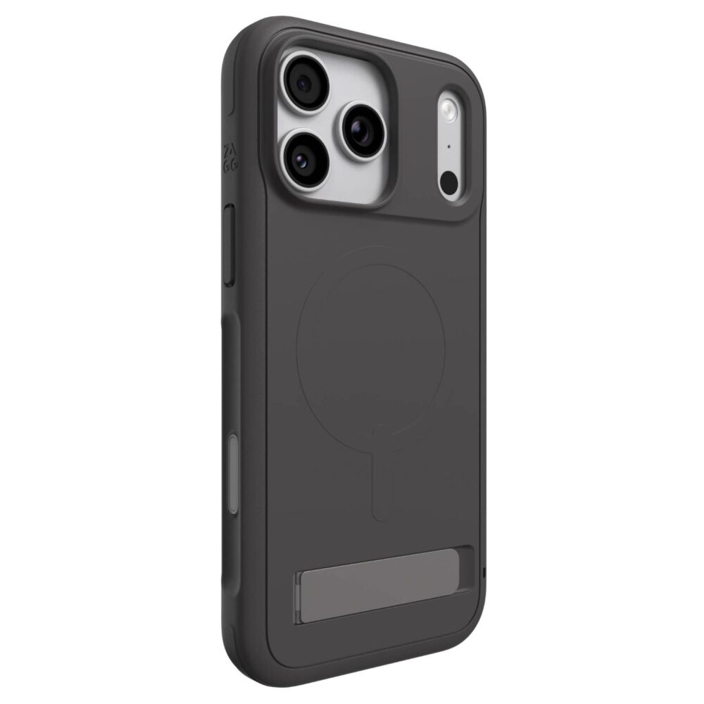 Grey ZAGG Sedona Snap case fitted to a compatible iPhone 18 Pro Max or 17 Pro Max, shown from the rear at an angle with the kickstand closed.
