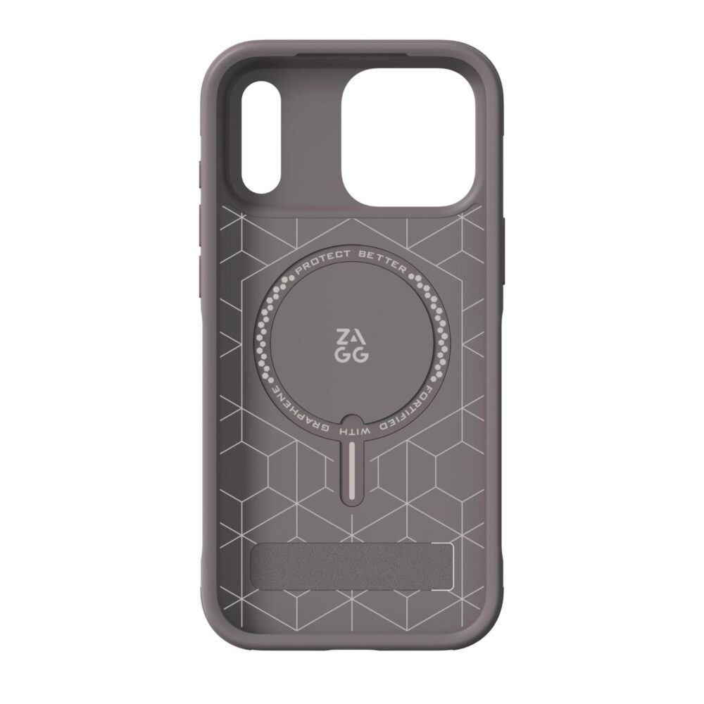 Interior of the grey ZAGG Sedona Snap case showing the circular magnetic ring area and graphene-patterned lining.