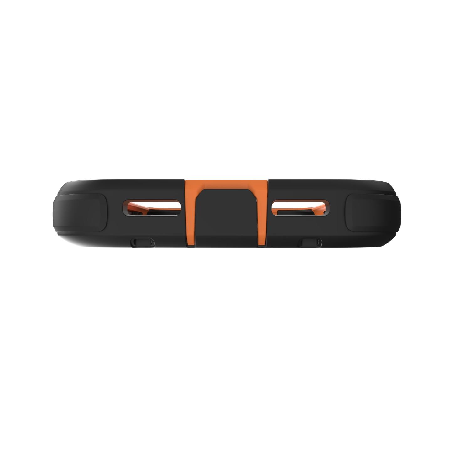 Bottom edge view of the empty ZAGG Teton Snap case showing the port opening, speaker openings and orange accent.