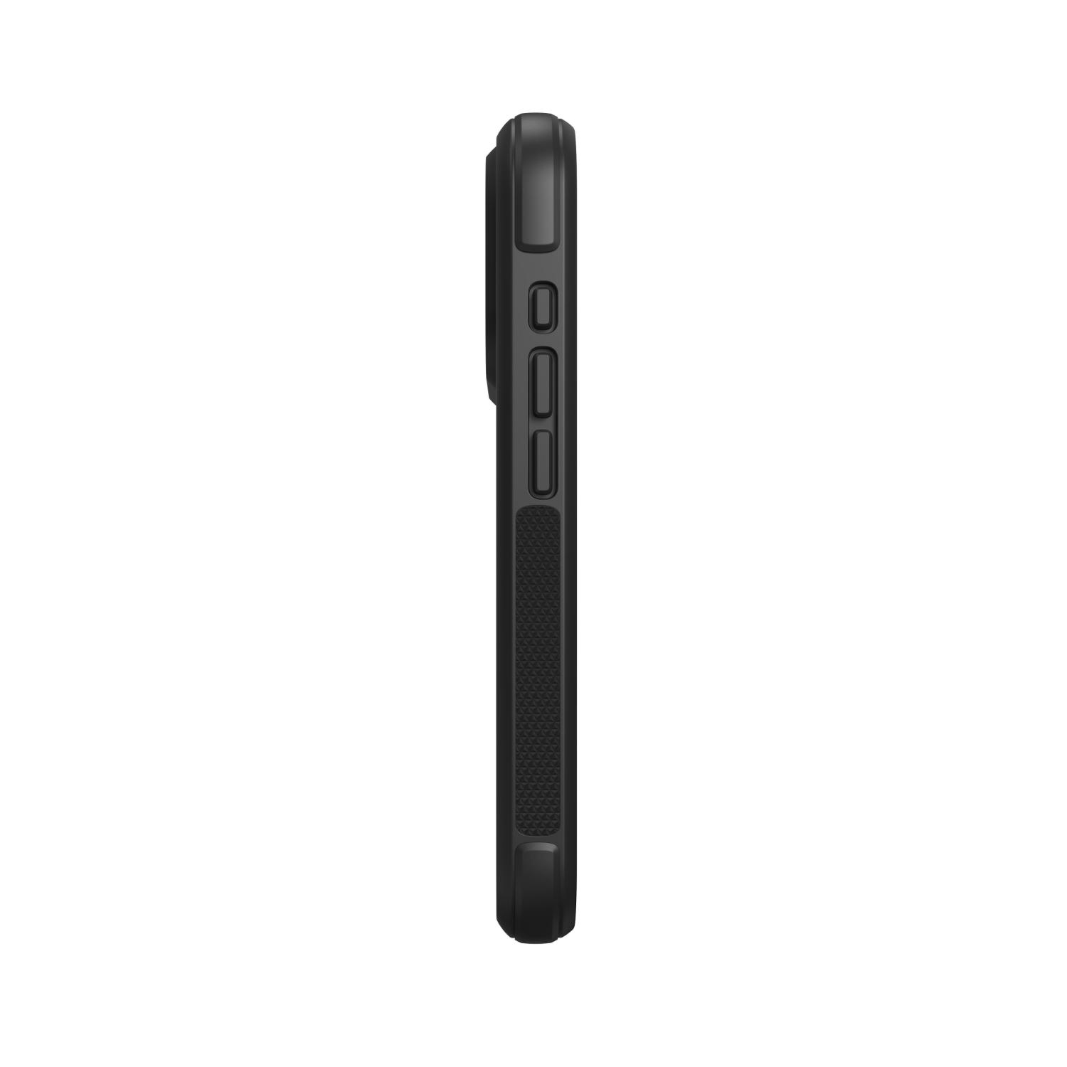 Side profile of the empty black ZAGG Teton Snap case showing its button covers and textured grip section.