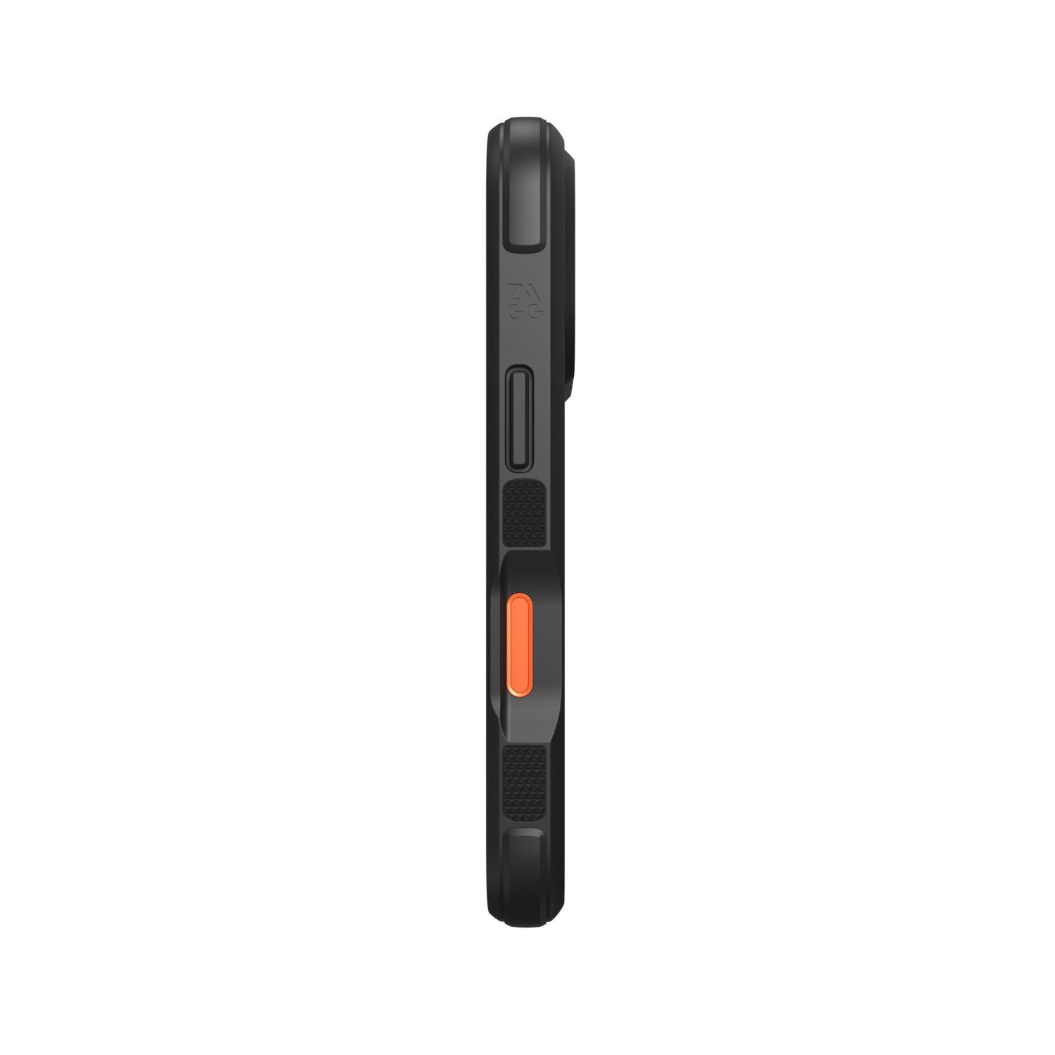 Side profile of the empty ZAGG Teton Snap case showing the orange camera control button and textured grip sections.