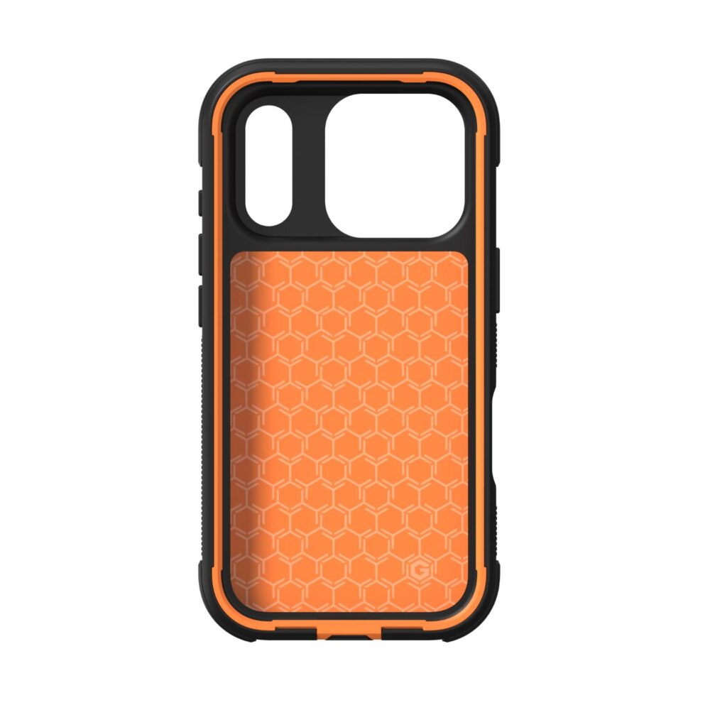 Interior view of the empty ZAGG Teton Snap case showing the orange honeycomb-patterned inner panel and black bumper.