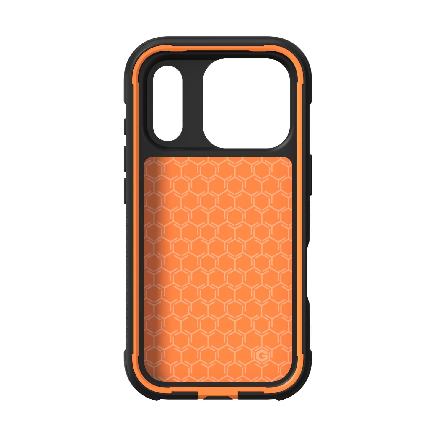 Interior view of the empty ZAGG Teton Snap case showing the orange honeycomb-patterned inner panel and black bumper.