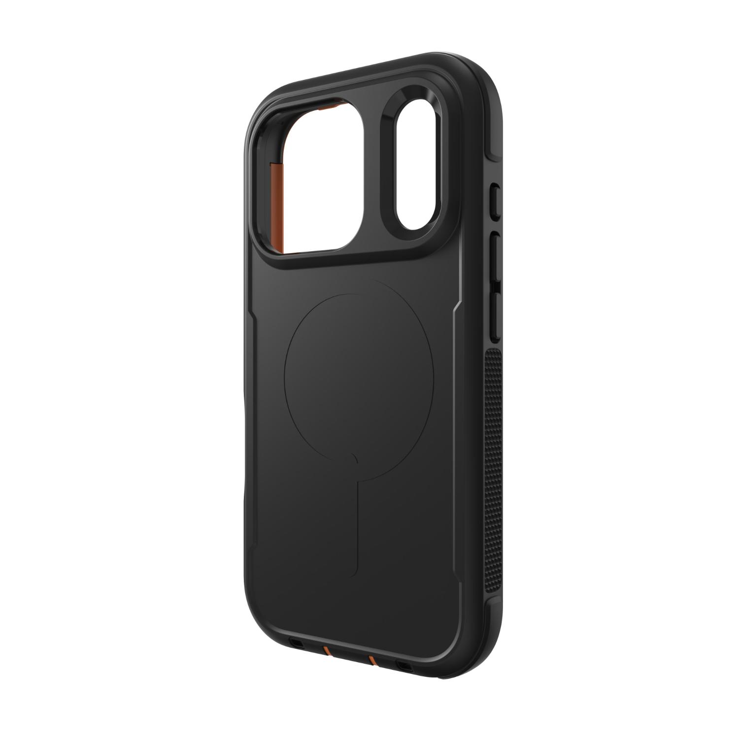 Angled rear view of the empty black ZAGG Teton Snap case showing the side button covers and orange camera-area detail.