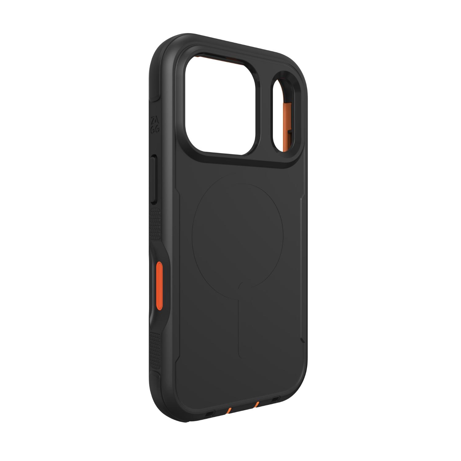 Angled rear view of the empty ZAGG Teton Snap case showing the orange camera control button and textured side grip.