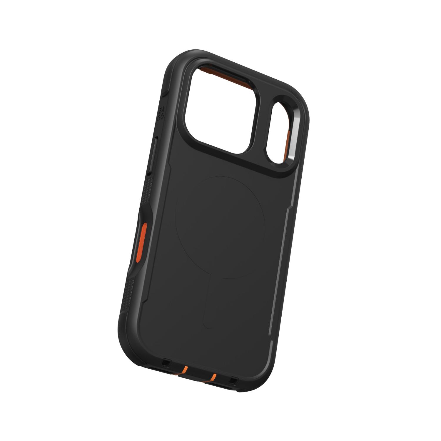 Tilted rear view of the empty black and orange ZAGG Teton Snap case for iPhone 18 Pro and 17 Pro.
