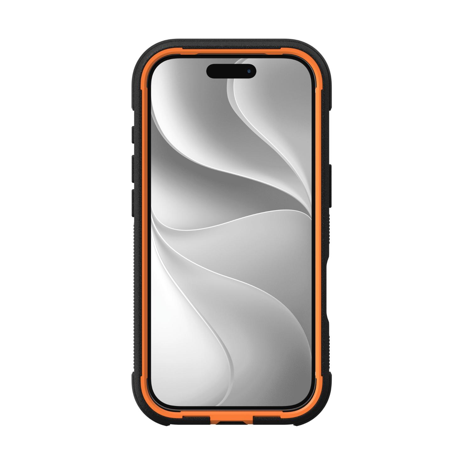 Front view of the black and orange ZAGG Teton Snap case fitted to an iPhone 18 Pro or 17 Pro.