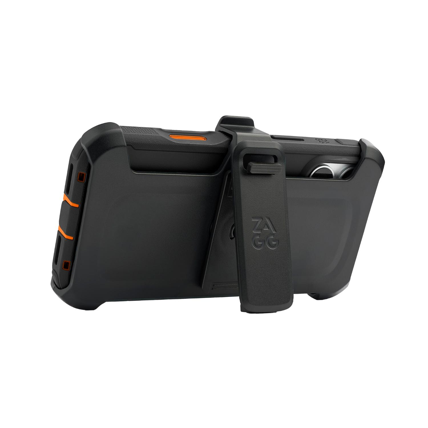 ZAGG Teton Snap case fitted to a phone and secured in the included black holster in landscape orientation, with the belt clip visible.