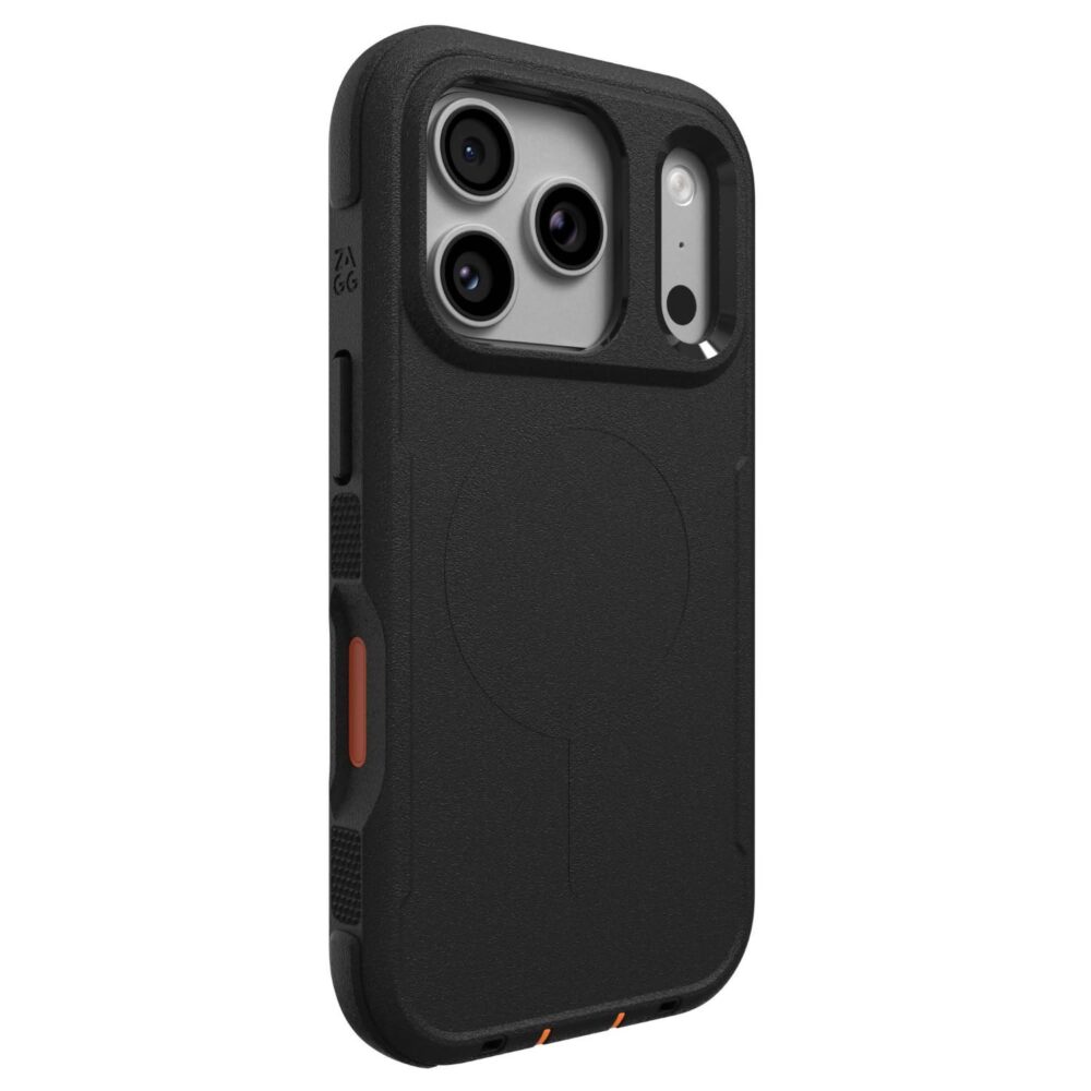 Orange and black ZAGG Teton Snap case fitted to an iPhone 18 Pro or 17 Pro, shown from a rear angle.