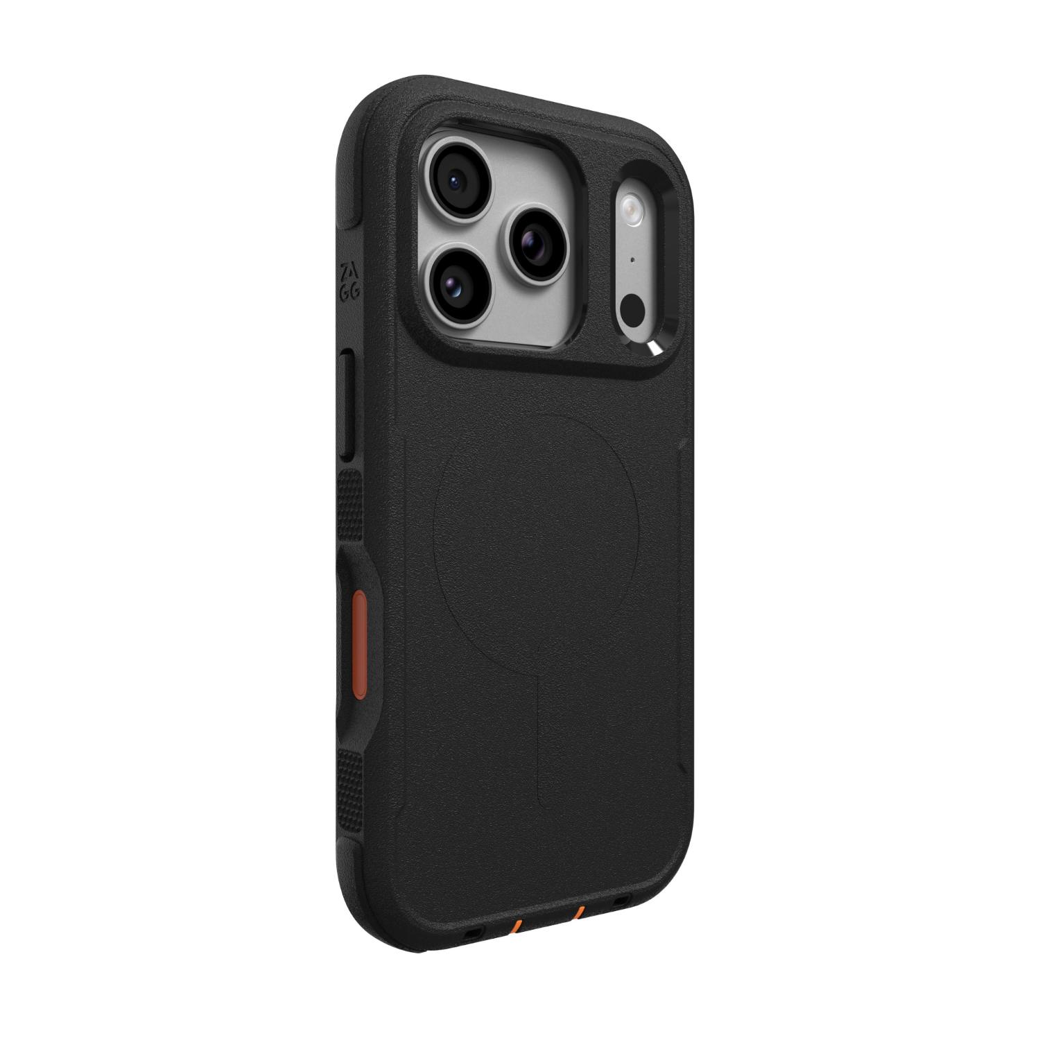 Rear left-angled view of the black ZAGG Teton Snap case fitted to an iPhone 18 Pro or 17 Pro, showing the orange camera control button.