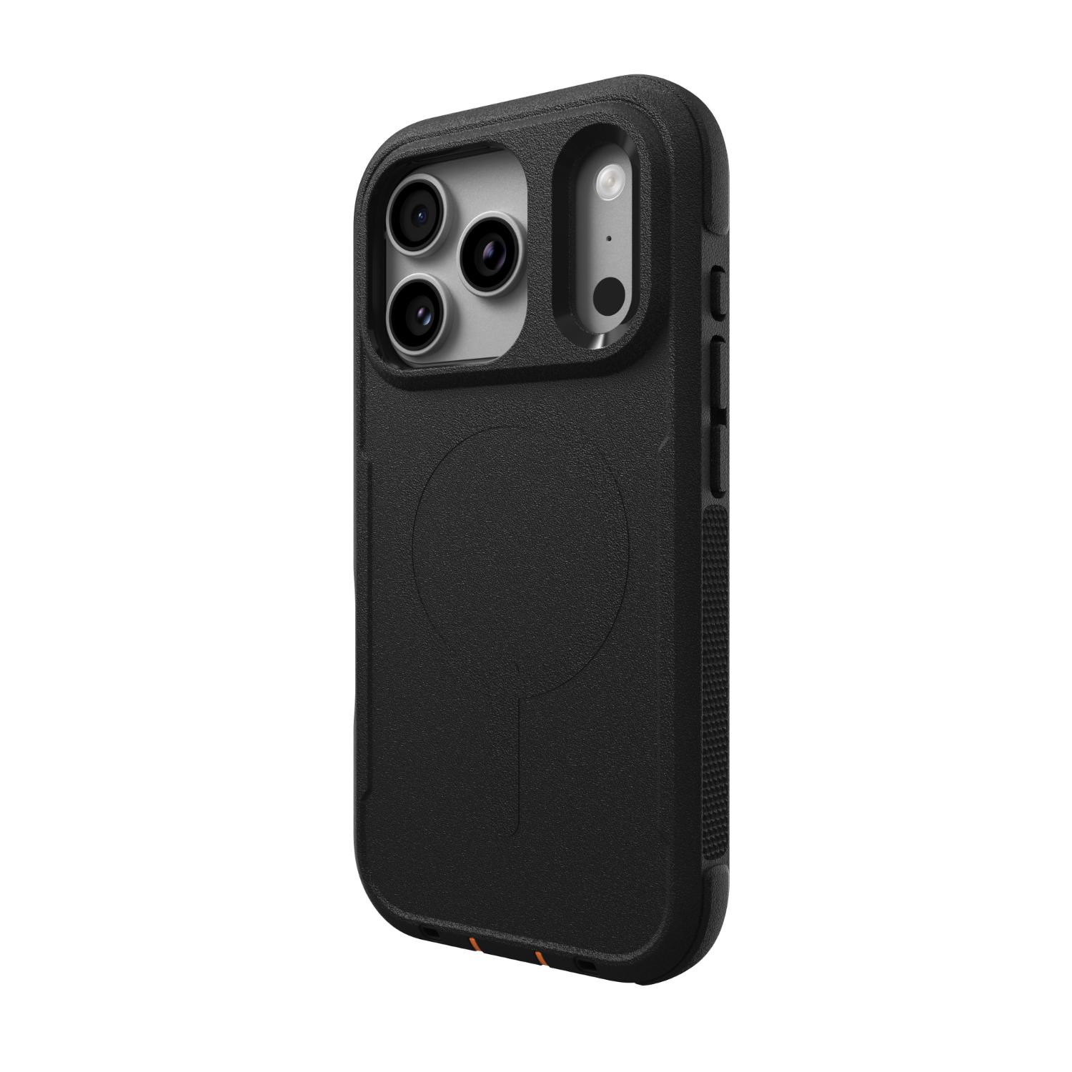 Rear right-angled view of the black ZAGG Teton Snap case fitted to an iPhone 18 Pro or 17 Pro.
