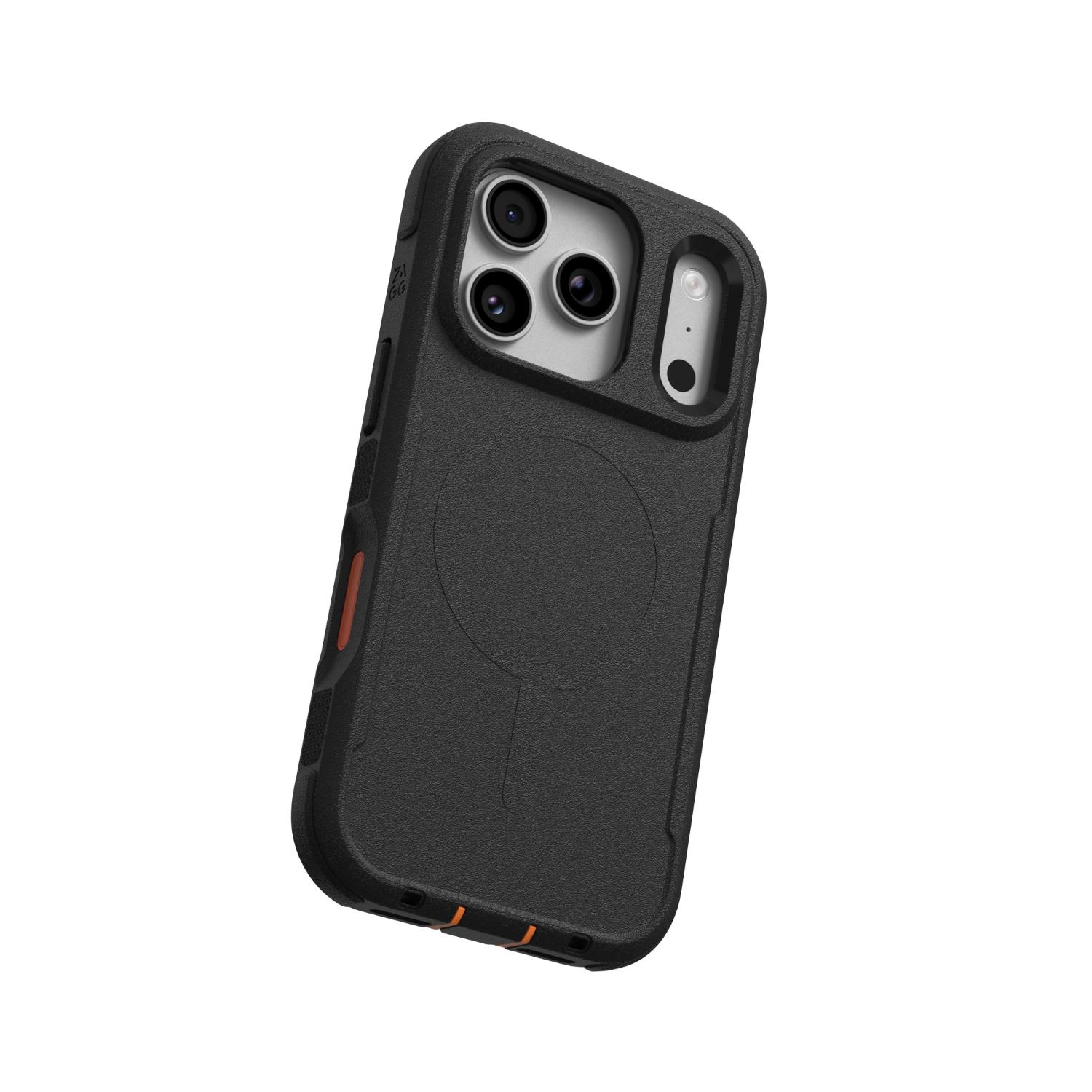 Tilted rear view of the black ZAGG Teton Snap case fitted to an iPhone 18 Pro or 17 Pro.
