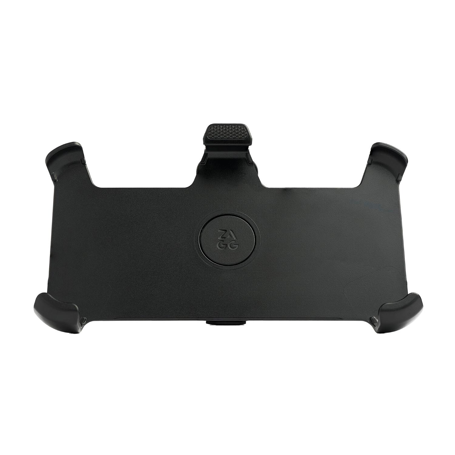 Straight interior view of the included black ZAGG Teton Snap holster showing the retention corners and central ZAGG detail.