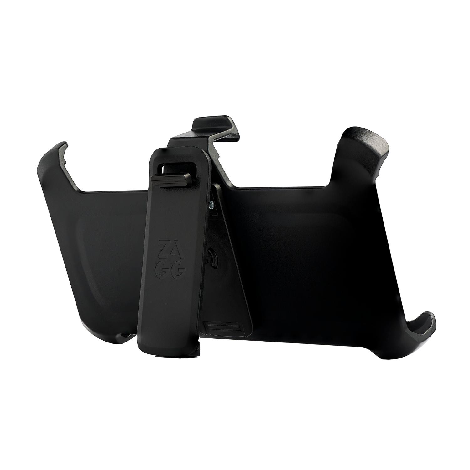 Angled view of the included black ZAGG Teton Snap holster with its integrated kickstand opened.
