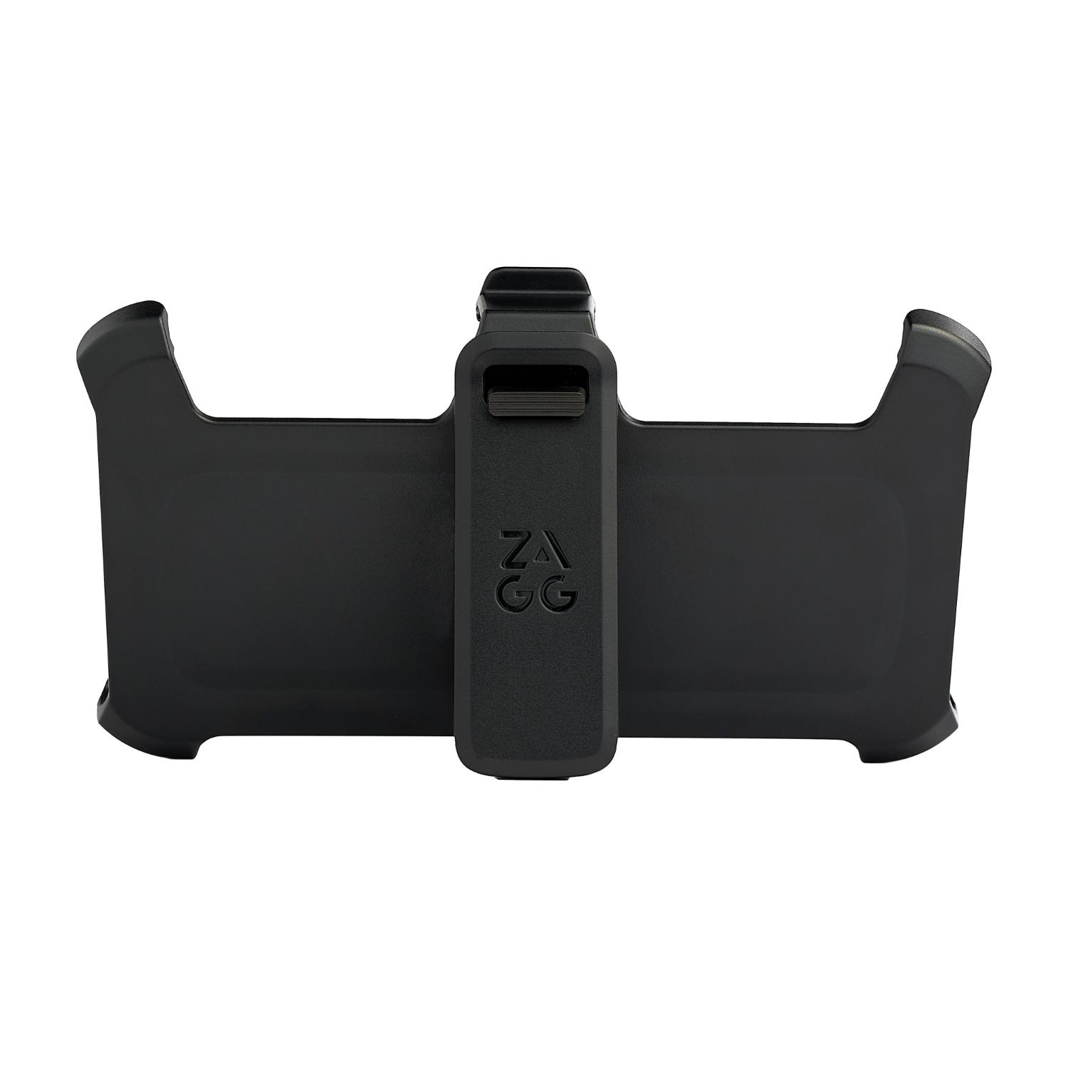 Rear view of the included black ZAGG Teton Snap holster with the central belt clip visible.