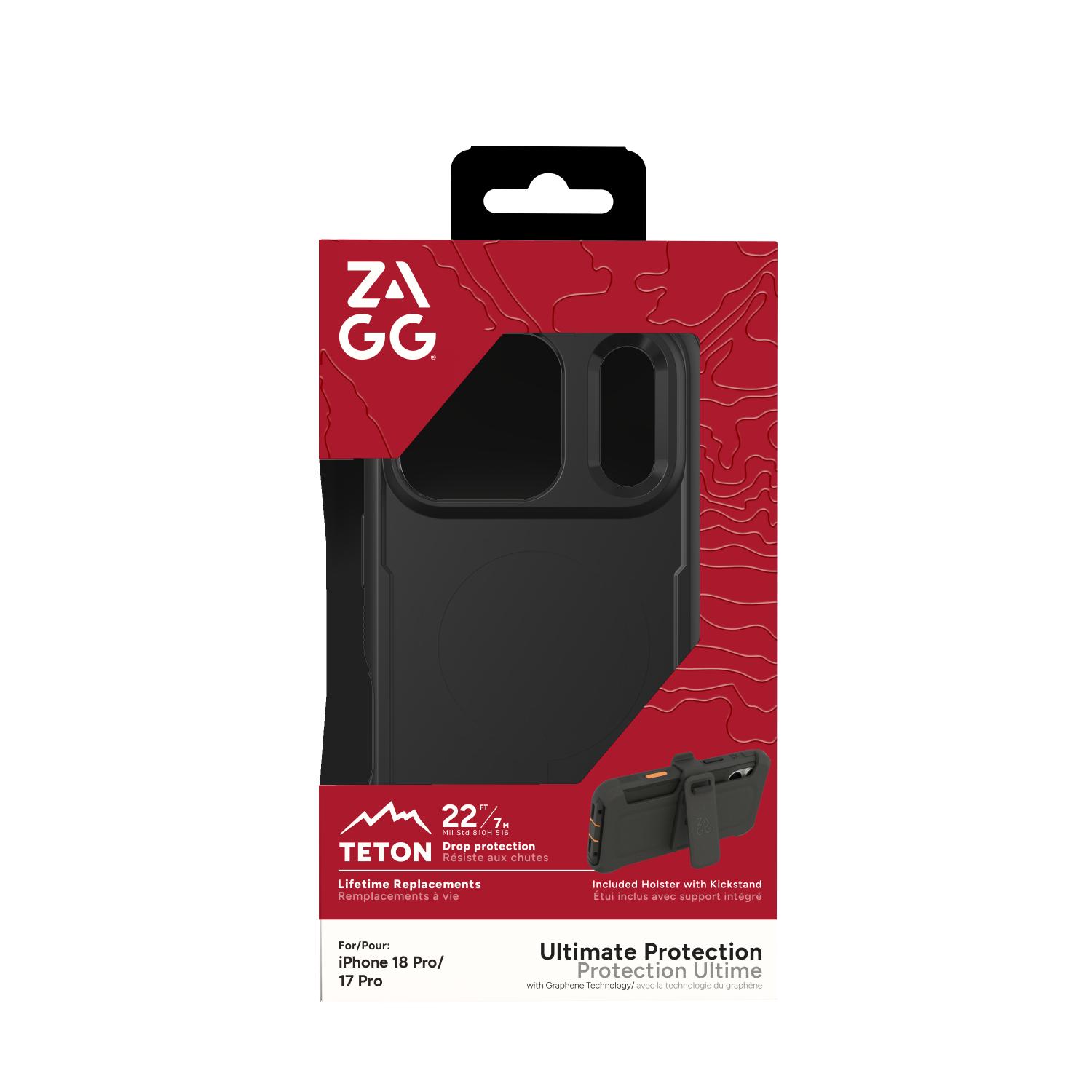 Front of the ZAGG Teton Snap case retail packaging for iPhone 18 Pro and 17 Pro, showing the case and included holster.