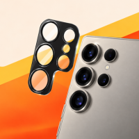 camera-screen-protectors Camera lens screen protector displayed beside a smartphone camera system against a premium geometric background.