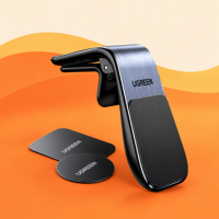 phone-holders Car phone holder with mounting plates displayed on a layered orange wave background.