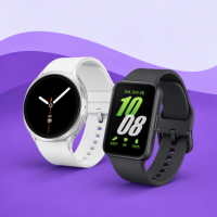 smartwatches Selection of smartwatches displayed on a layered purple wave background.