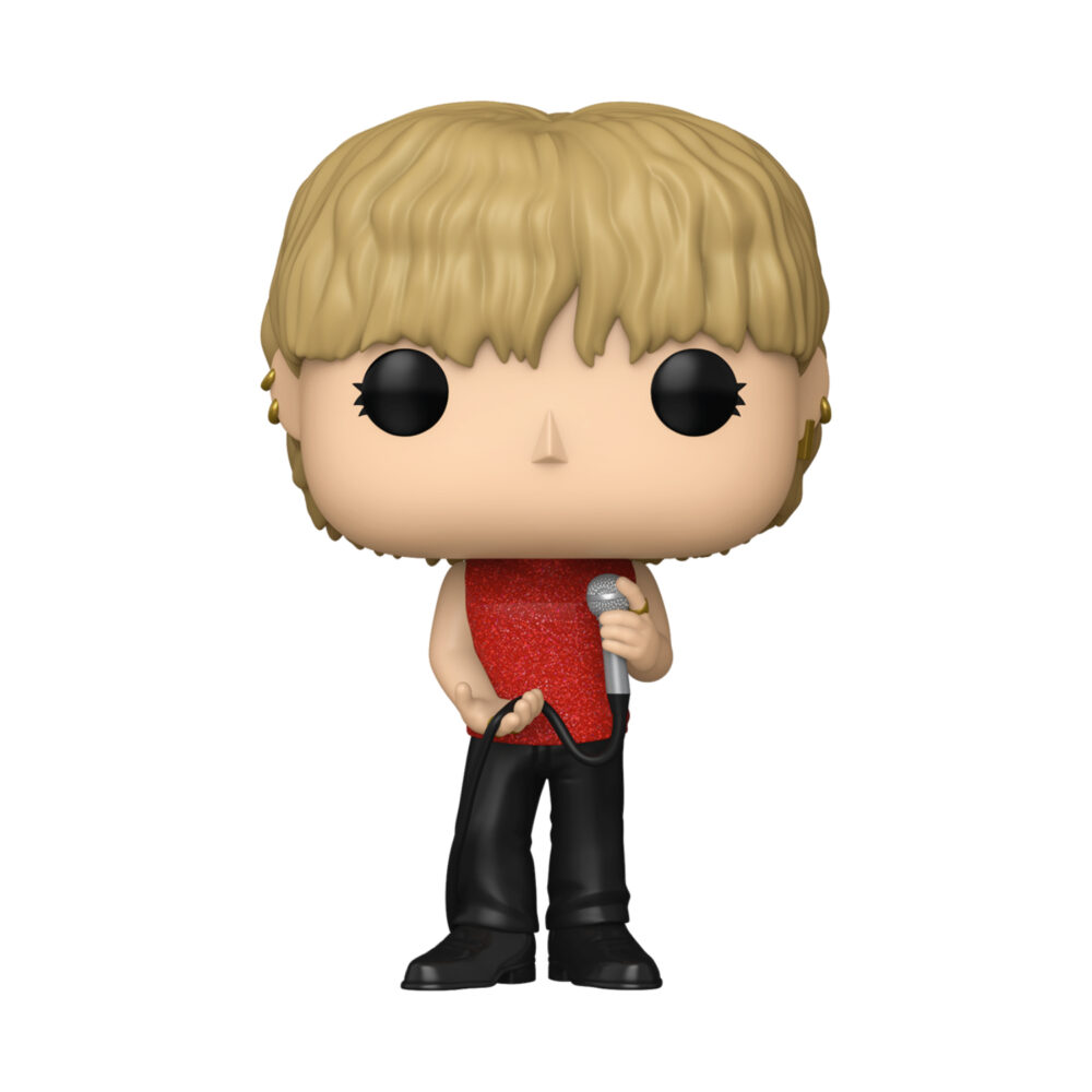 V Love Me Again Layover Funko Pop Rocks figure #469 unboxed in a red top and black trousers holding a microphone
