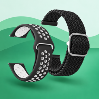 watch-straps Selection of smartwatch replacement straps displayed on a layered green wave background.