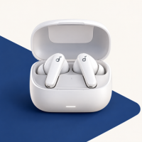 wireless-earbuds White wireless earbuds in an open charging case
