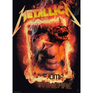 This set of posters by GBEYE music combines the classic cover artwork of Metallicas first studio album Kill Em All and the bands second released single of their debut: Jump in the Fire.