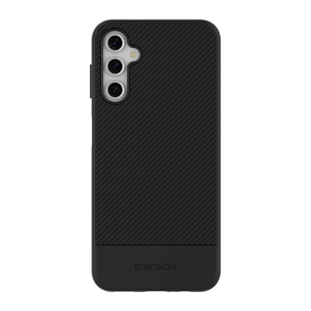 Black Samsung Galaxy 14 4G Phone Case with a carbon fiber design pattern.