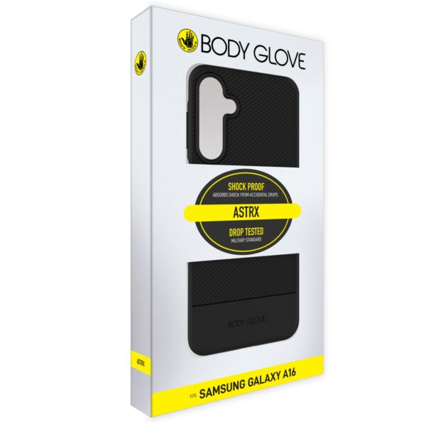 Samsung Galaxy A16 Body Glove Astrx case in black, displayed in packaging with a carbon fiber design.