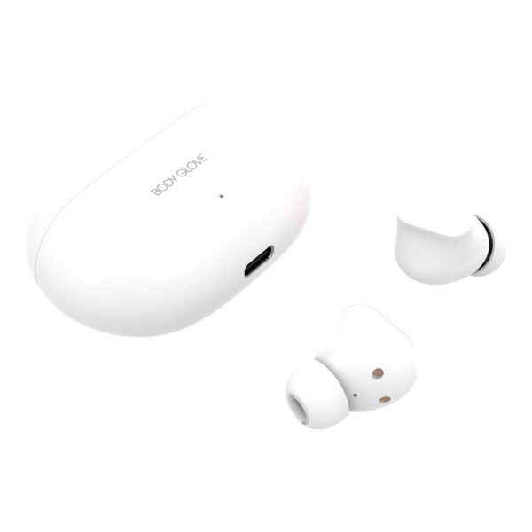 Stay connected and enjoy your music wirelessly with the white Body Glove Essentials TWS Pro Series Wireless Earbuds.