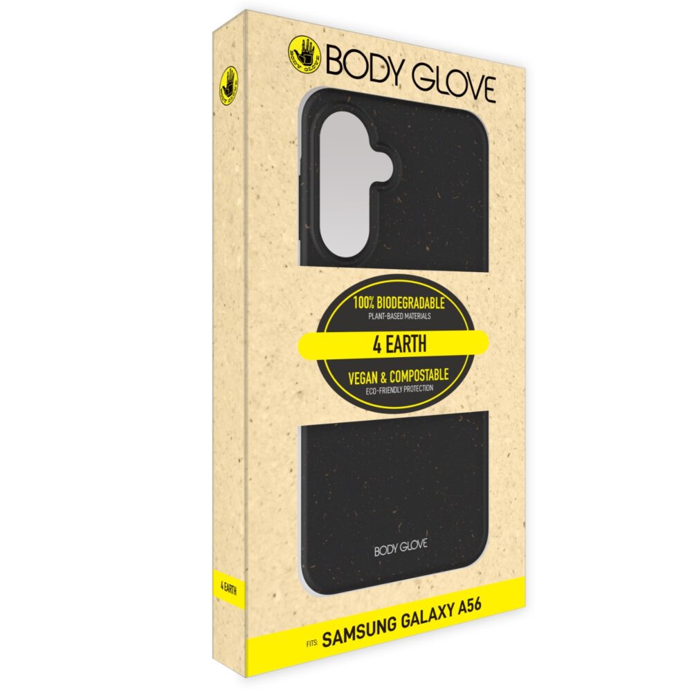 Front view of the retail packaging for the Body Glove 4Earth Bio cover for Samsung Galaxy A56 in black