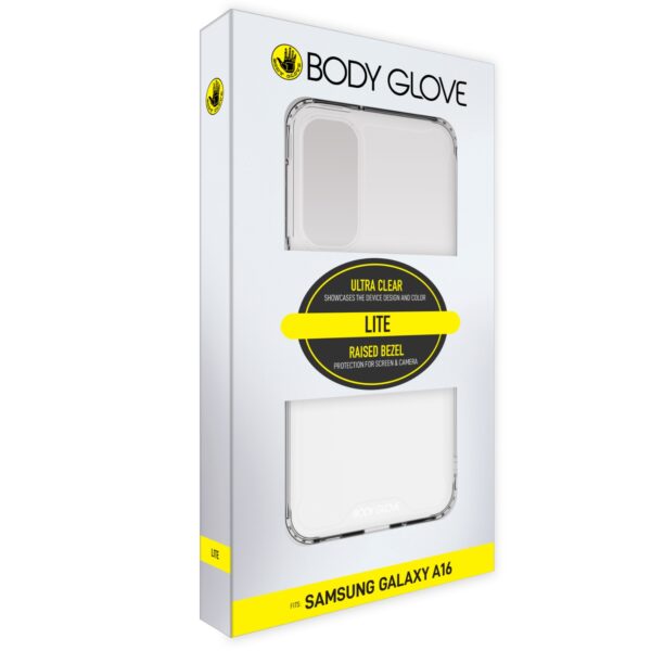 Samsung Galaxy A16 clear phone case by Body Glove, displayed in its packaging with a slim and lightweight design.