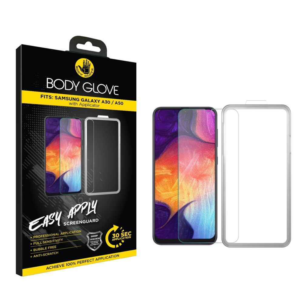 Body Glove Easy Apply Tempered Glass Screen Protector for the Samsung Galaxy A30s / Galaxy A30 / Galaxy A50 Clear