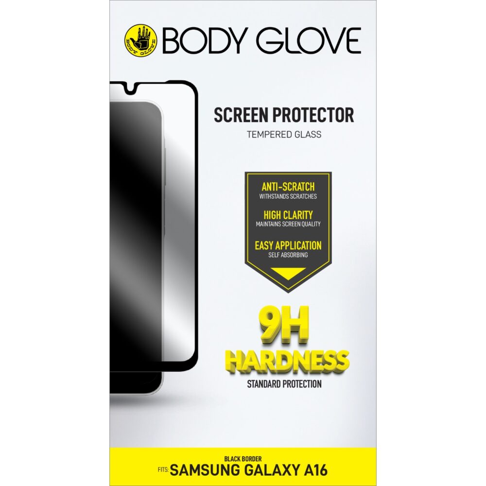 Packaging of the Samsung Galaxy A16 tempered glass highlighting the features of the screen protector.