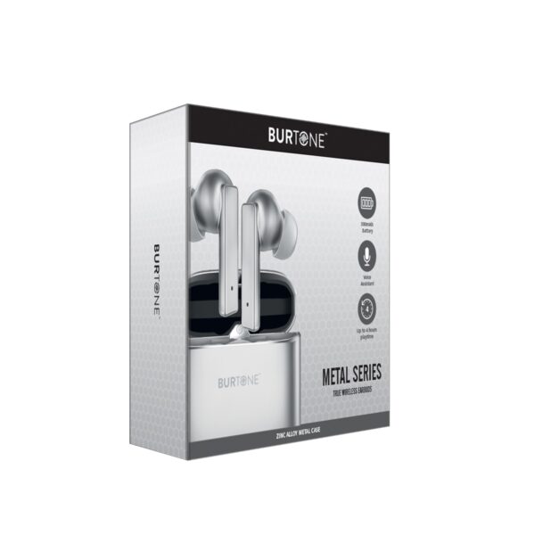 Burtone Bluetooth Wireless Metal Series Audio Universal Earphones Silver Earbuds in Packaging