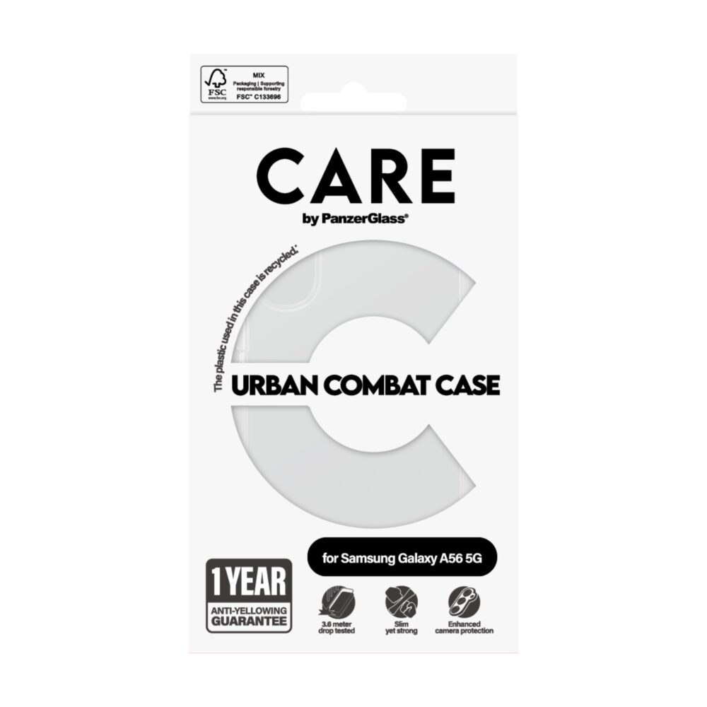 Front view of the retail packaging for the PanzerGlass Urban Combat case for Samsung Galaxy A56 in clear