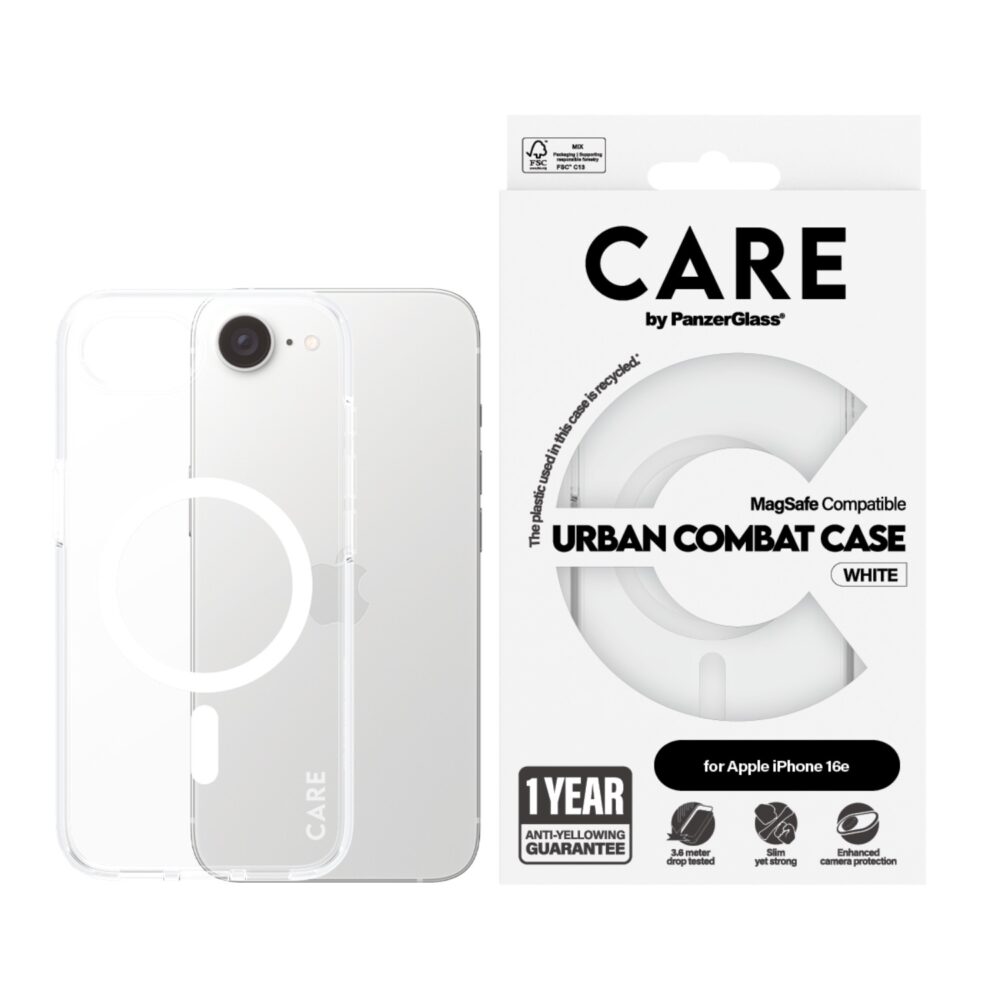 Front view of the PanzerGlass Urban Combat MagSafe case for Apple iPhone 16e in clear