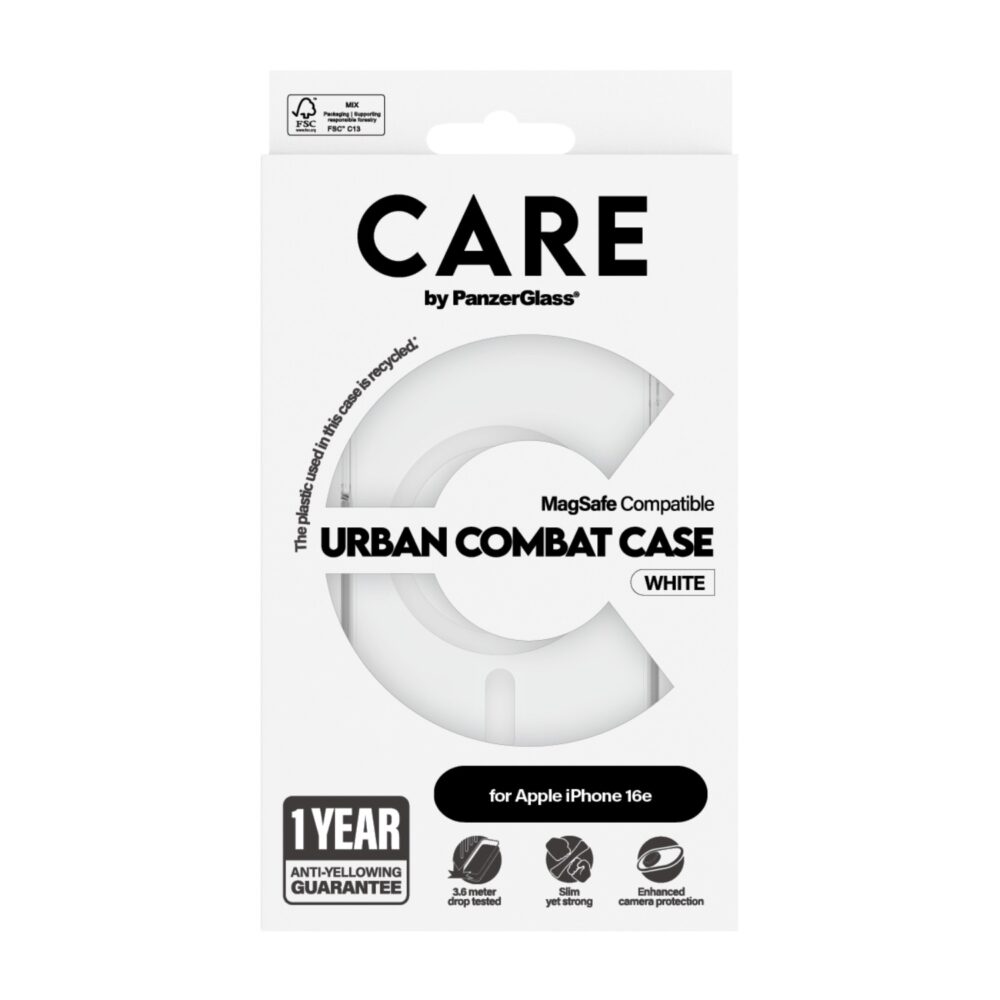 Front view of the retail packaging for the PanzerGlass Urban Combat MagSafe case for Apple iPhone 16e in clear
