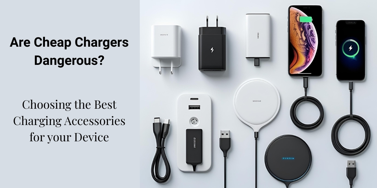 Flat lay of modern charging accessories including wall chargers, car chargers, power banks, wireless charging pads, cables, and smartphones charging.