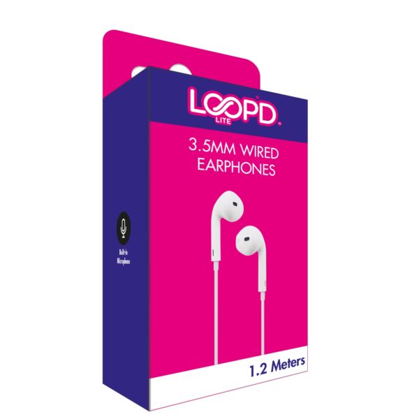 Listen to your music in comfort with the Loopd Lite White 1.2 Meter 3.5mm Wired Earphones, complete with a built-in microphone.