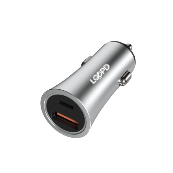 This silver LOOPD Lite 20W Dual Port PD Fast Charge Car Charger is great for charging your device while travelling.