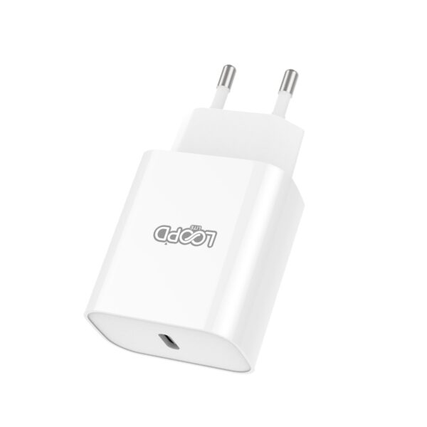 This white LOOPD Lite 20W 1 Port PD Wall Charger has over-current, over-voltage and short-circuit protection. Perfect for home or office use.