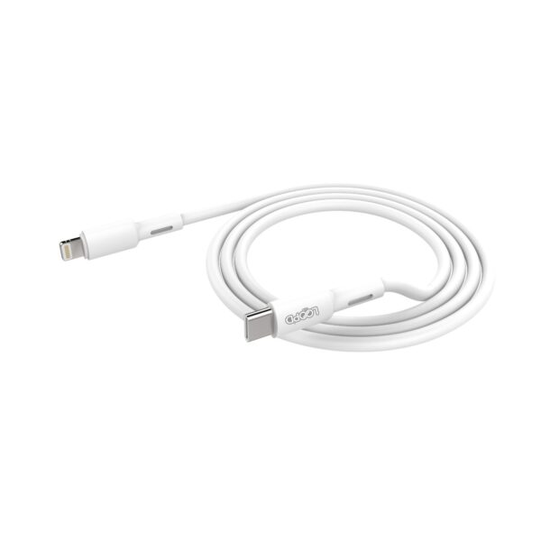 This white LOOPD Lite 20W Charge and sync Lightning to Type-C Cable is suitable for mobile devices with a lightning socket.
