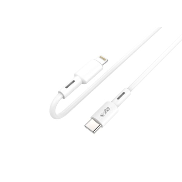 This white LOOPD Lite 20W Charge and sync Type-C to Lightning Cable is suitable for mobile devices with a lightning socket.