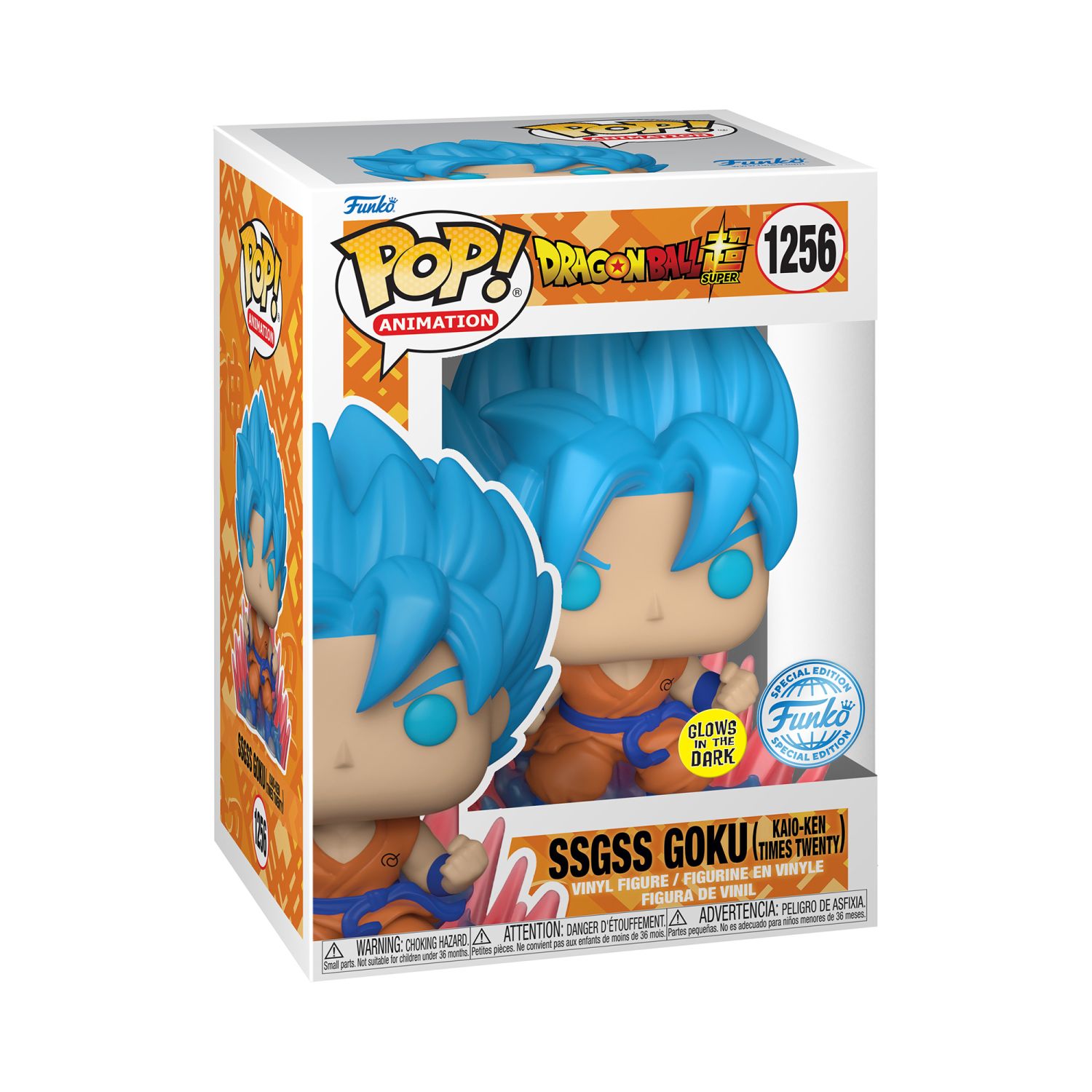 This exclusive, glow-in-the-dark Pop! SSGSS Goku (Kaio-ken Times Twenty) is ready to take on any threats to Earth in your Dragon Ball Super collection. Vinyl figure is approximately 13cm tall.